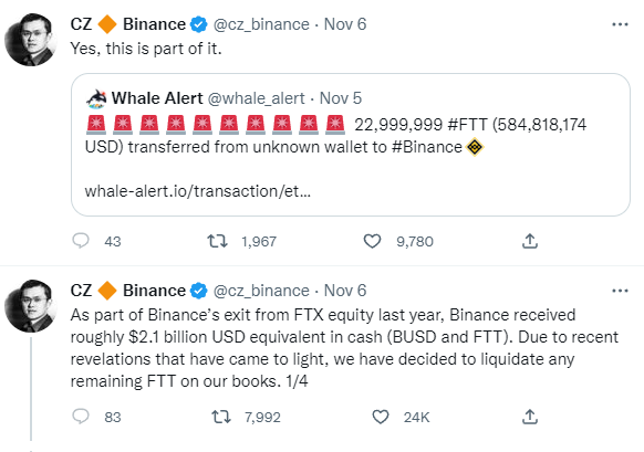 Binance announces its selling all of its FTT tokens